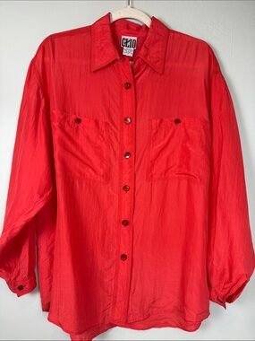 ✨VTG CLIO 100% Silk Blouse Medium 🍅Tomato Red Button Down Long Sleeve 90s